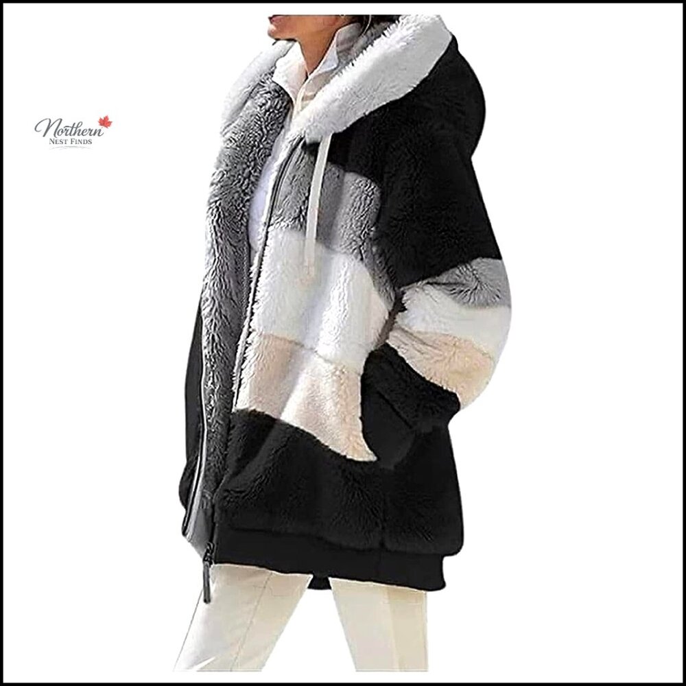 Oversized Fleece Hooded Jacket with Pockets, Long Sleeve Cardigan Coat